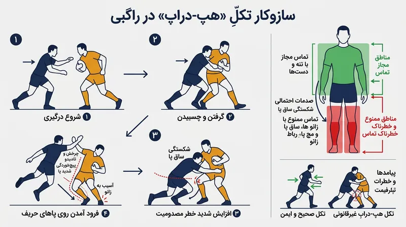 مکانیسم تکل هیپ‌دراپ؛ رها کردن وزن بدن روی پاهای مهاجم باعث آسیب‌های شدید به مفاصل می‌شود.