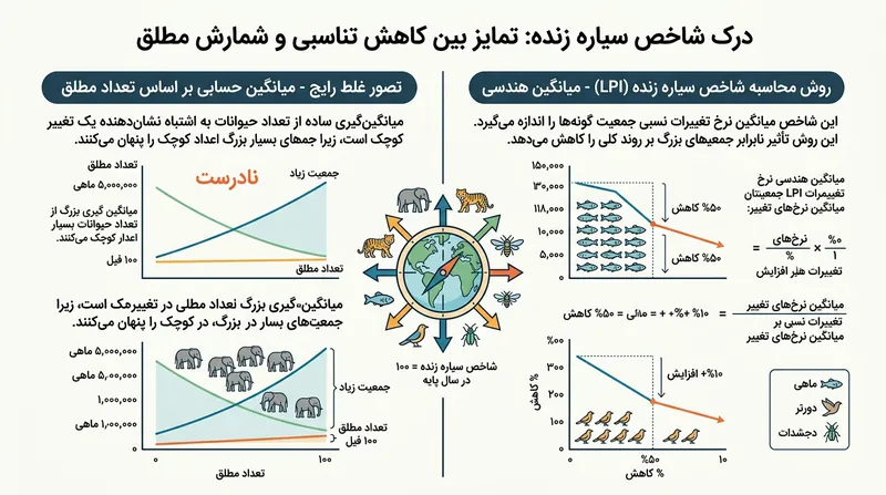 این شاخص میانگین درصد تغییر را در میان جمعیت‌های گوناگون می‌سنجد، نه سرشماری قطعی شمار جانوران تلف‌شده را.