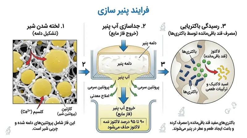 جداسازی فیزیکی آب پنیر، بخش اعظمی از لاکتوز محلول در آب را حتی پیش از شروع مرحله رسیدگی و کهنه‌سازی از پنیر خارج می‌کند.