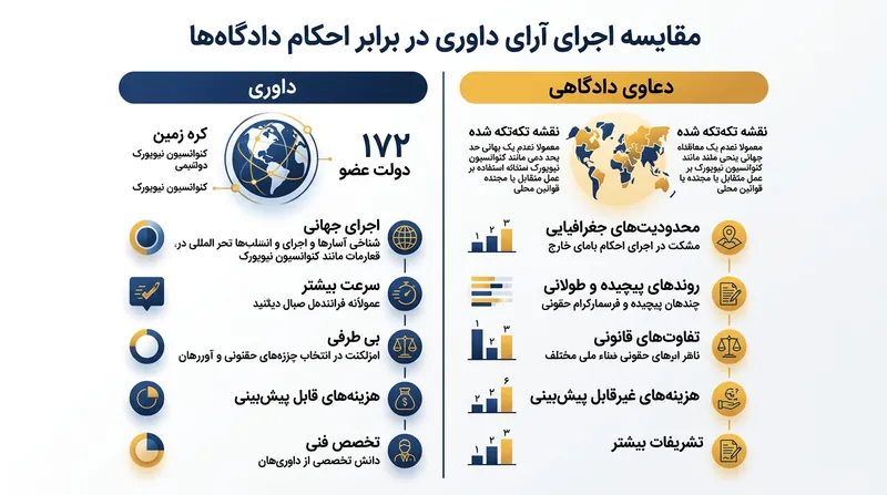 داوری از چارچوب اجرایی تقریباً جهانی بهره می‌برد، در حالی که دعاوی دادگاهی به معاهدات دوطرفه پراکنده متکی هستند.