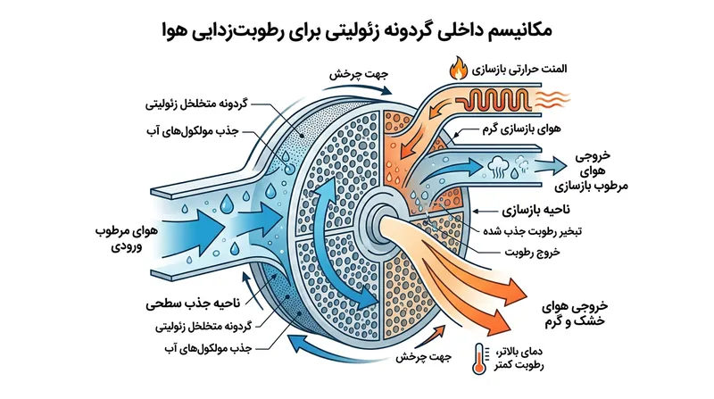 رطوبت‌گیرهای جاذب از یک چرخ دوار پوشیده از کانی متخلخل زئولیت برای به دام انداختن مولکول‌های آب بهره می‌گیرند.