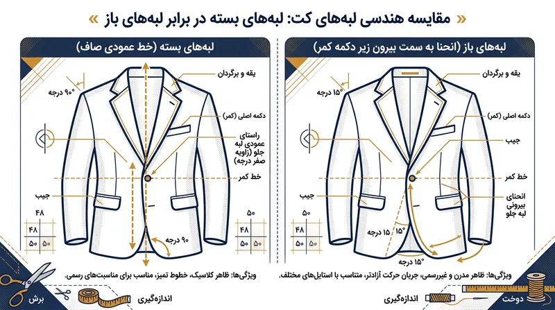 لبه‌های باز کت با فاصله‌گرفتن از خط مرکزی، فضا را برای نشستن روی باسن فراهم کرده و پاها را بلندتر نشان می‌دهند.