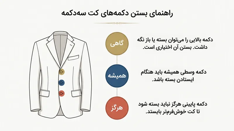 قاعده کهن کت‌های سه‌دکمه که به ریزش بی‌نقص و درست لبه پایینی لباس کمک می‌کند.
