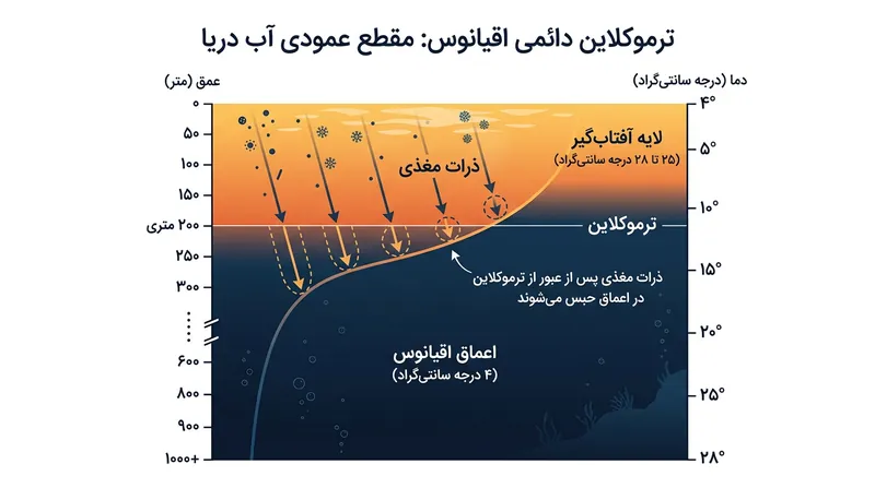لایه ترموکلاین دائمی چون دیواره‌ای نفوذناپذیر از چگالی عمل می‌کند و مانع از آمیختن آب سرد و مغذی اعماق با سطح گرم می‌شود.