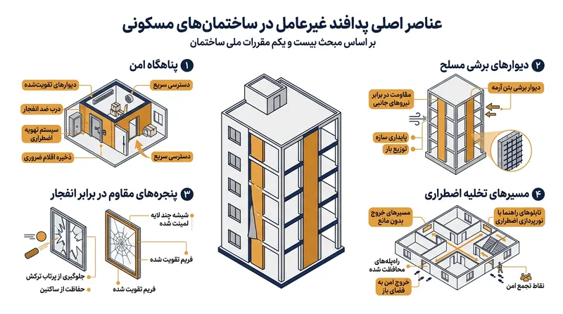 الزامات پدافند غیرعامل فراتر از یک زیرزمین بتنی است و شامل ایمن‌سازی نما، مسیرهای خروج و ایجاد فضای امن در داخل واحدها می‌شود.
