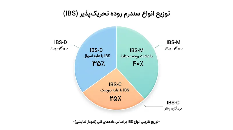 سندرم روده تحریک‌پذیر بر اساس غالب‌ترین علامت گوارشی به سه دسته اصلی یبوست‌غالب، اسهال‌غالب و مختلط تقسیم می‌شود.