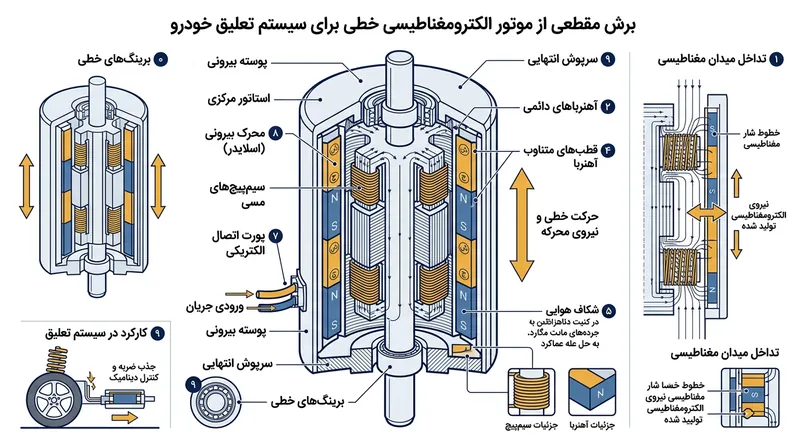 ساختار داخلی یک موتور الکترومغناطیسی خطی که جایگزین کمک‌فنرهای سنتی می‌شود.