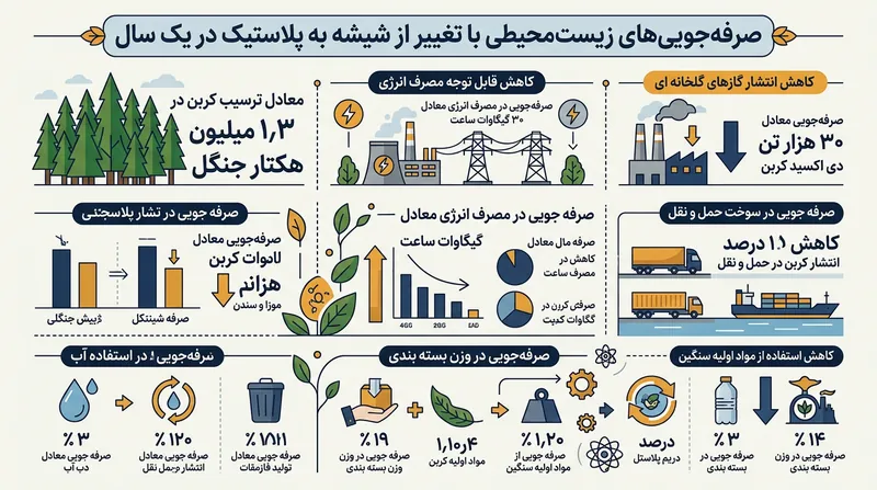 صرفه‌جویی در انتشارات حاصل از جایگزینی یک‌ساله بطری‌های نوشابه شیشه‌ای با پلاستیک، معادل کربن جذب‌شده توسط ۱٫۳ میلیون هکتار جنگل است.