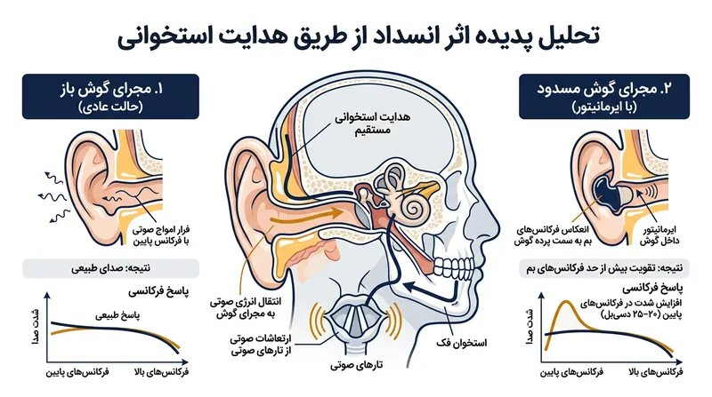 با بسته شدن مجرای گوش، ارتعاشات بم ناشی از هدایت استخوانی پس از برخورد به بدنه مانیتور به سمت پرده گوش بازتاب می‌یابند.