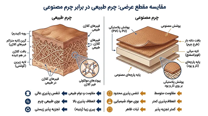 تفاوت ساختاری: چرم طبیعی دارای الیاف درهم‌تنیده کلاژن است، در حالی که چرم مصنوعی از یک روکش پلاستیکی روی پارچه تشکیل می‌شود.