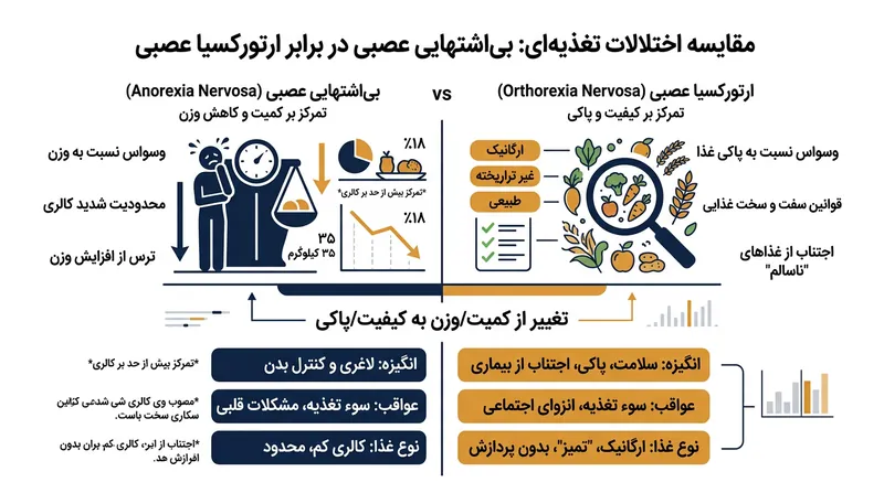 تفاوت‌های کلیدی میان بی‌اشتهایی عصبی و وسواس تغذیه سالم.