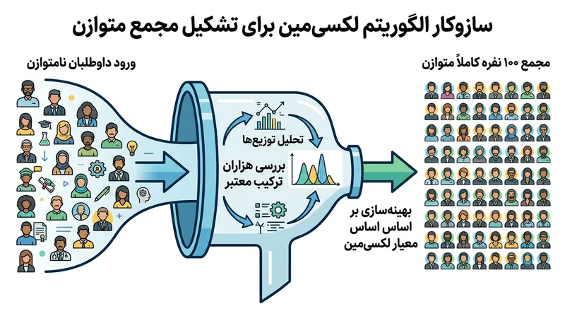 الگوریتم لکسی‌مین هزاران حالت معتبر پنل را می‌سنجد و ترکیبی را پیاده می‌کند که بالاترین شانس را برای دورافتاده‌ترین داوطلب فراهم می‌سازد.
