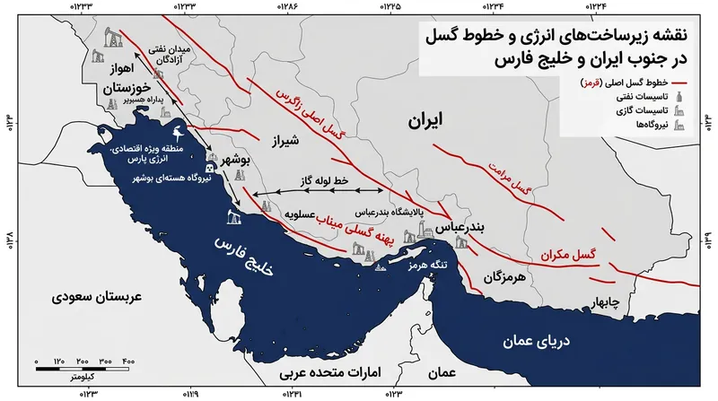 مجاورت گسل‌های فعال زاگرس با زیرساخت‌های کلان انرژی در نوار ساحلی خلیج فارس.