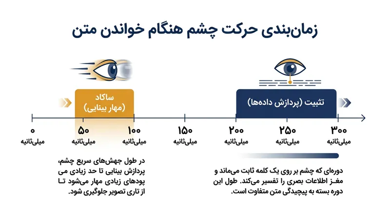 چشم انسان برای خواندن هر کلمه تازه به یک بازه توقف ۲۰۰ تا ۲۵۰ میلی‌ثانیه‌ای نیازمند است.