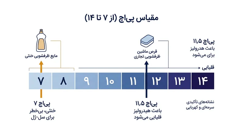 خاصیت قلیایی شدید شوینده‌های ماشین ظرفشویی پیوندهای متیل را از سطح تابه جدا می‌کند.