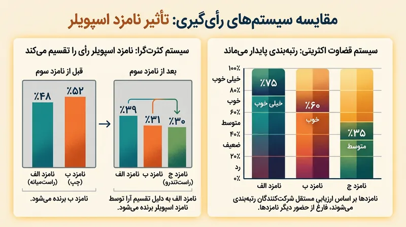 برخلاف رأی‌گیری اکثریتی، نمره‌دهی مستقل از شکسته شدن آرای نامزدهای هم‌پوشان جلوگیری می‌کند.