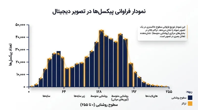 محور افقی هیستوگرام نشان‌دهنده ۲۵۶ سطح روشنایی از سیاه مطلق تا سفید خالص است.