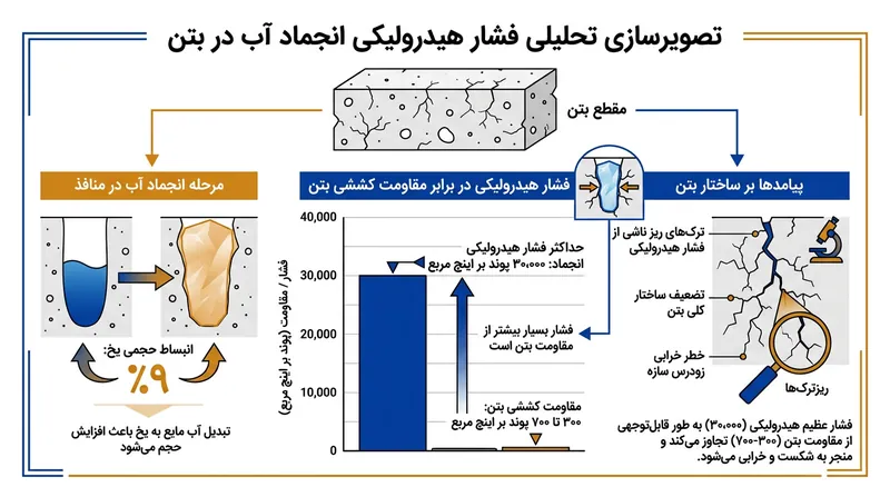 فشار تولیدشده توسط آب یخ‌زده درون منافذ مسدود، ده‌ها برابر بیش از مقاومت کششی نهایی بتن استاندارد است.