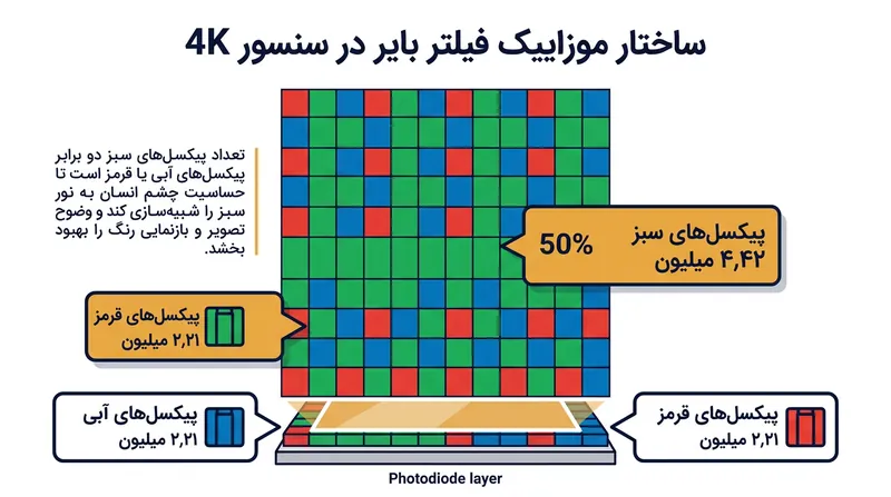 فیلتر بایر نیمی از پیکسل‌های حسگر دیجیتال را به نور سبز اختصاص می‌دهد تا از ساختار چشم انسان تقلید کند.