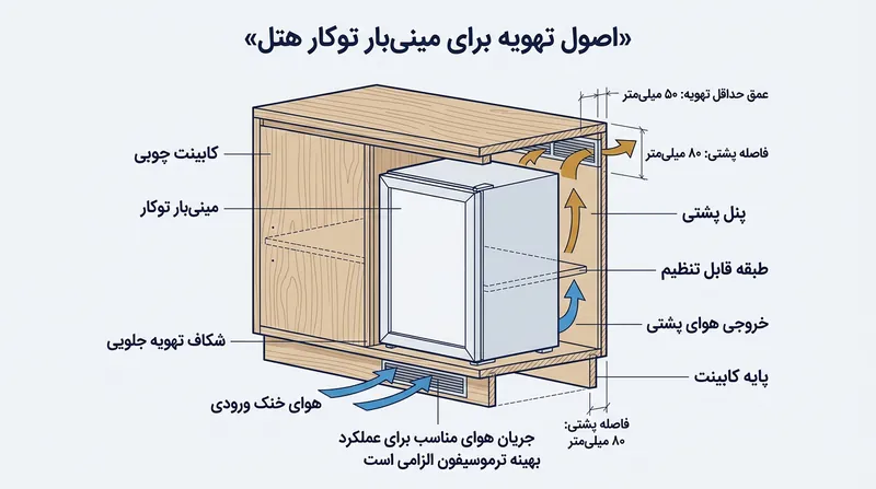 یخچال‌های جذبی نیازمند تعبیه اصولی در کابینت هستند تا لوله‌های کندانسور بتوانند گرمای دفع‌شده را به راحتی به محیط پس دهند.
