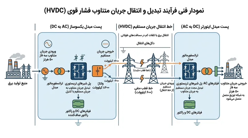 برای پیوند شبکه‌های ناسازگار، جریان متناوب یکسو شده و به جریان مستقیم تبدیل می‌شود تا بسامد آن کاملاً محو گردد.