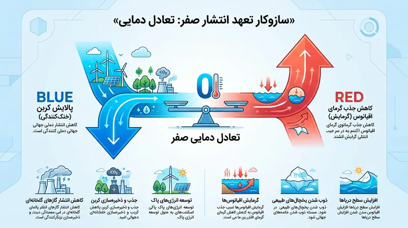 چگونگی خنثی‌سازی اثر گرمایشی ناشی از افت ظرفیت اقیانوس‌ها توسط اثر خنک‌کنندگی بازجذب کربن.