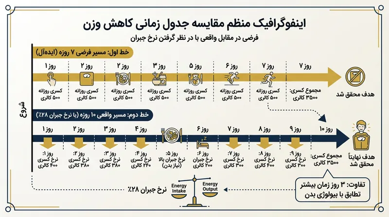 جبران متابولیک بازه زمانی لازم برای ایجاد کسری ۳۵۰۰ کالری از طریق ورزش را طولانی‌تر می‌کند.