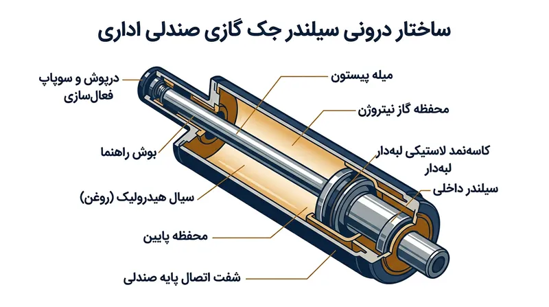 یک کاسه‌نمد لاستیکی لبه‌دار مانع از فرار گاز نیتروژن فشرده از اطراف میله پیستون متحرک می‌شود.