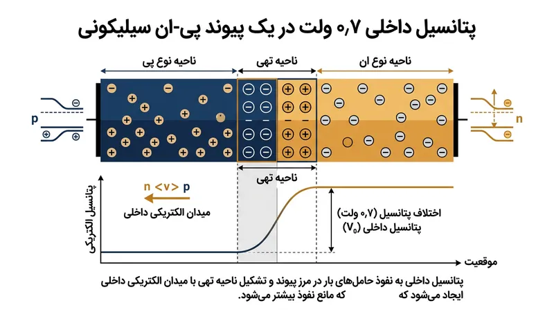 نفوذ الکترون‌ها و حفره‌ها یک سد الکترواستاتیکی پایدار به نام پتانسیل داخلی ایجاد می‌کند.