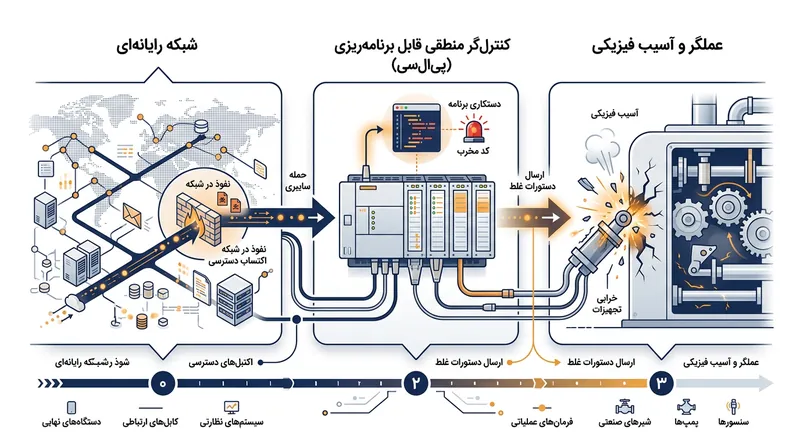 زنجیره حمله سایبری-فیزیکی: چگونه نفوذ شبکه‌ای به آسیب سخت‌افزاری تبدیل می‌شود.