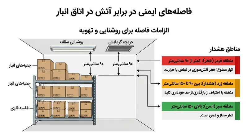 رعایت فاصله حداقل ۹۰ سانتی‌متری مواد قابل اشتعال از منابع حرارتی و روشنایی، یک الزام ایمنی است.