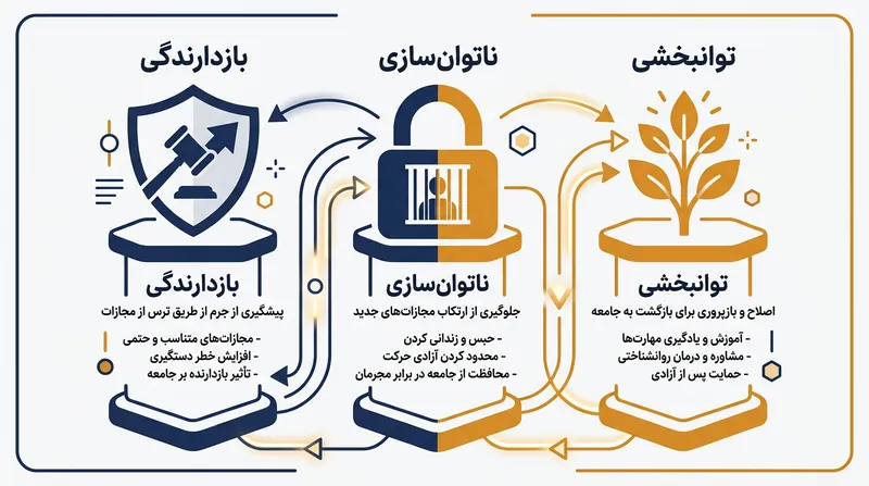 سه هدف اصلی مجازات از نگاه مکتب فایده‌گرایی: بازدارندگی، ناتوان‌سازی و بازپروری.