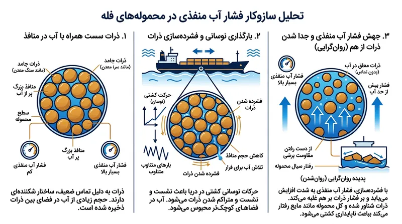 با ارتعاش پیوسته و فشرده شدن محموله، کاهش منافذ خالی آب محبوس را ناچار به تحمل وزن توده می‌کند و اصطکاک میان ذرات جامد را از بین می‌برد.