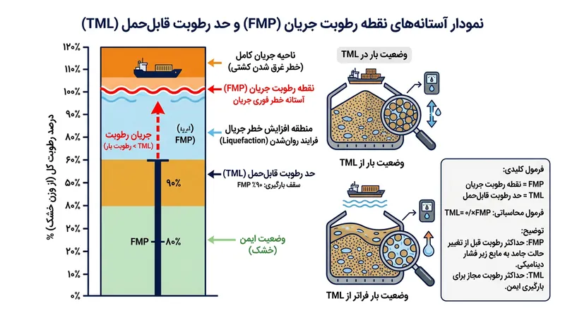 کد بین‌المللی IMSBC حاشیه ایمنی سفت‌وسختی وضع کرده و سقف قانونی بارگیری را دقیقاً روی ۹۰ درصد رطوبت آستانه جریان‌یافتگی قرار داده است.