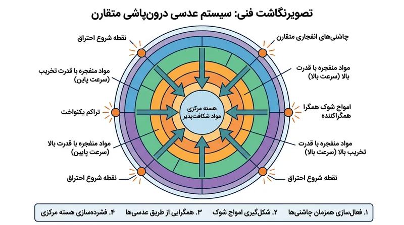 درون‌پاشی متقارن با استفاده از عدسی‌های انفجاری، مغزی را در مقیاس میکروثانیه متراکم ساخته و پیش از شکافت خودبه‌خودی انفجار را شکل می‌دهد.