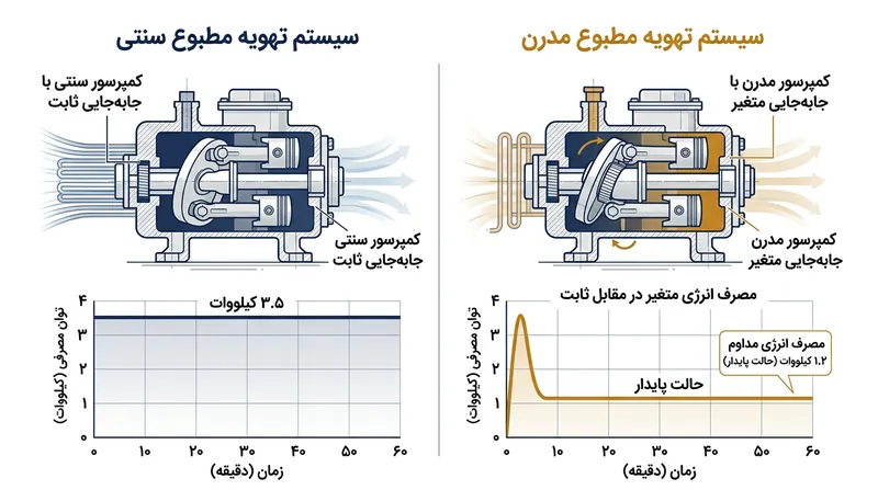 کمپرسورهای مدرن با حجم متغیر پس از رساندن کابین به دمای دلخواه، بار مصرفی خود را به‌شدت تعدیل می‌کنند.