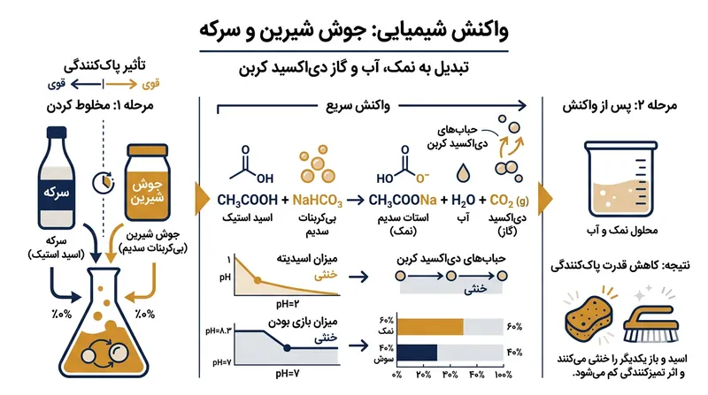 ترکیب جوش شیرین و سرکه پیش از استفاده، قدرت پاک‌کنندگی هر دو ماده را خنثی می‌کند.