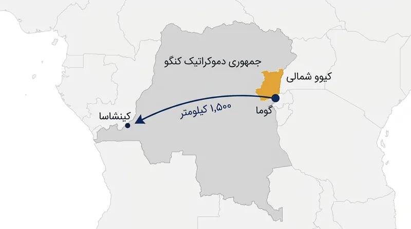 مناطق تحت کنترل شورشیان ام۲۳ در کیوو شمالی، بیش از ۱,۵۰۰ کیلومتر با پایتخت، کینشاسا، فاصله دارد.
