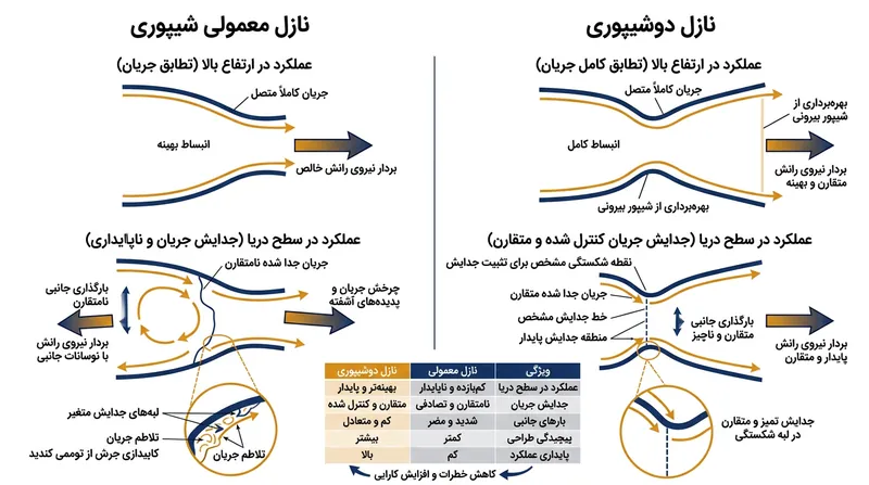 نازل‌های دوشیپوری دارای یک شکستگی ساختاری مشخص هستند که جدایش متقارن جریان را تحمیل کرده و بارهای جانبی مخرب در سطح دریا را حذف می‌کند.