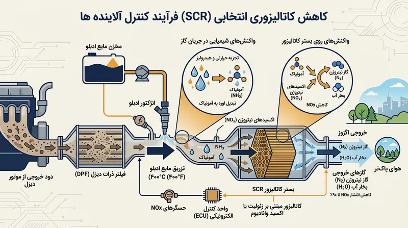 درون سامانه SCR، گرمای اگزوز اوره را به آمونیاک تبدیل می‌کند تا اکسیدهای مضر نیتروژن خنثی شوند.