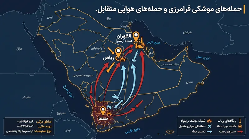 نقشه موقعیت جغرافیایی ظهران، ریاض و صنعا در جریان تبادل آتش اخیر.