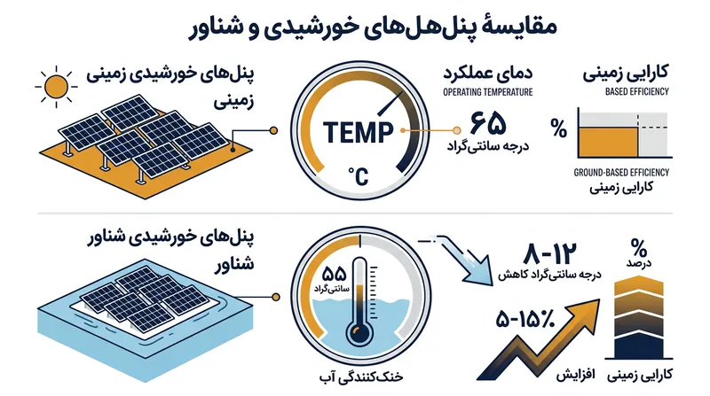 اثر خنک‌کنندگی آب دمای پنل‌ها را کاهش داده و راندمان تولید برق را بین ۵ تا ۱۵ درصد افزایش می‌دهد.