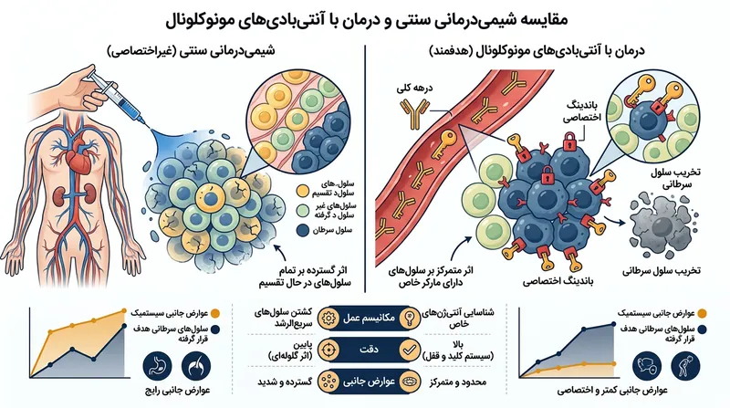 تفاوت هدف‌گیری دقیق پادتن‌های مونوکلونال در مقایسه با اثرات گسترده شیمی‌درمانی سنتی.
