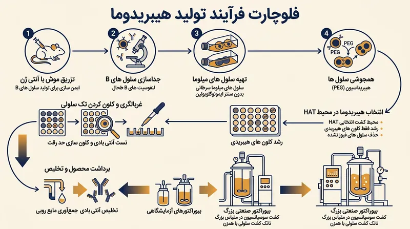 مراحل تولید آزمایشگاهی پادتن‌ها از طریق فناوری پیچیده هیبریدما.