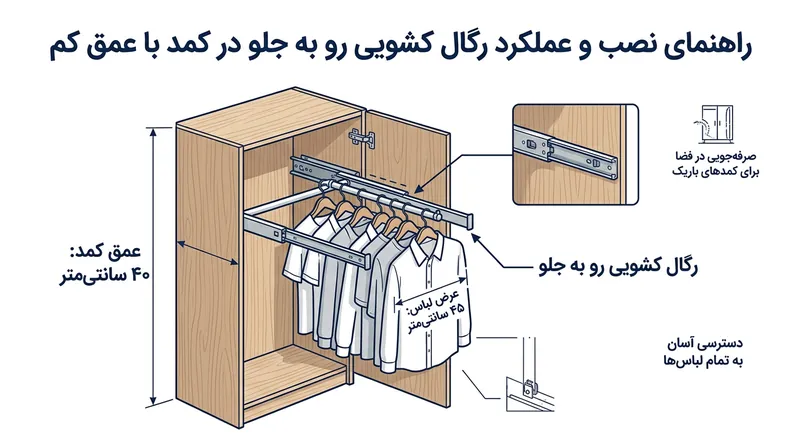رگال‌های رو به جلو با نمایش رو به بیرون لباس‌ها، مشکل عمق کم را با تکیه بر پهنای ۴۵ سانتی‌متری چوب‌لباسی حل می‌کنند.