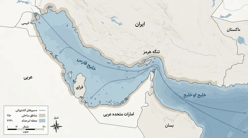 موقعیت راهبردی تنگه هرمز و مسیرهای اصلی کشتیرانی بین‌المللی.