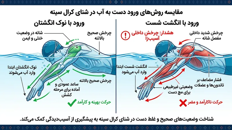 ورود دست با نوک انگشتان کمی پاشش آب ایجاد می‌کند، اما سلامت مفصل و اهرم بسیار قوی‌تری برای حرکت فراهم می‌سازد.