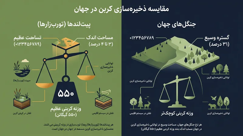 تورب‌زارها با وجود اشغال کسری کوچک از خشکی‌ها، تقریباً دو برابر تمام جنگل‌های جهان کربن ذخیره کرده‌اند.