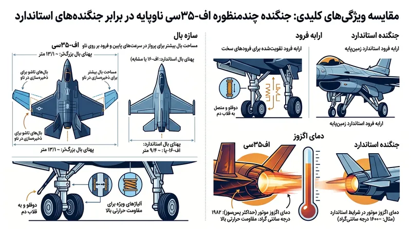 ویژگی‌های ساختاری جنگنده اف-۳۵ سی که آن را برای عملیات روی ناوهای هواپیمابر متمایز می‌کند.