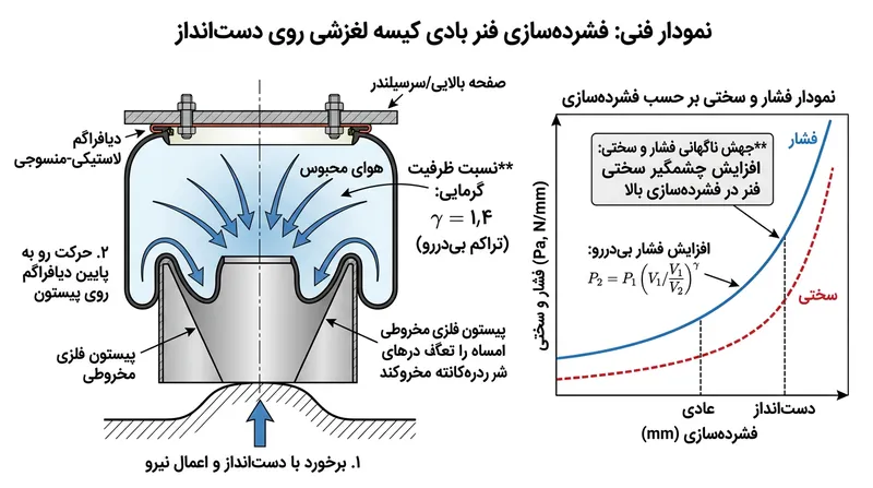 تراکم سریع و بی‌دررو (آدیاباتیک) باعث جهش لحظه‌ای در سفتی فنر بادی هنگام عبور از دست‌اندازهای تیز می‌شود و شبیه به یک ضربه‌گیر طبیعی عمل می‌کند.
